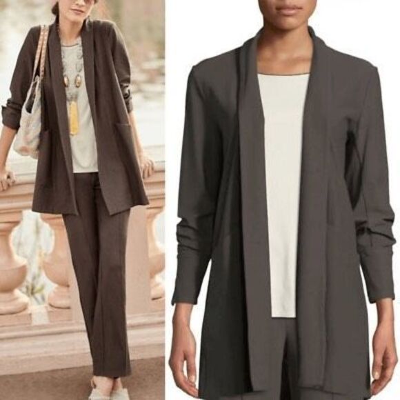 EILEEN FISHER Women’s Dark Grey Stretch Crepe Open Front Long Jacket Size S / P - Picture 1 of 6